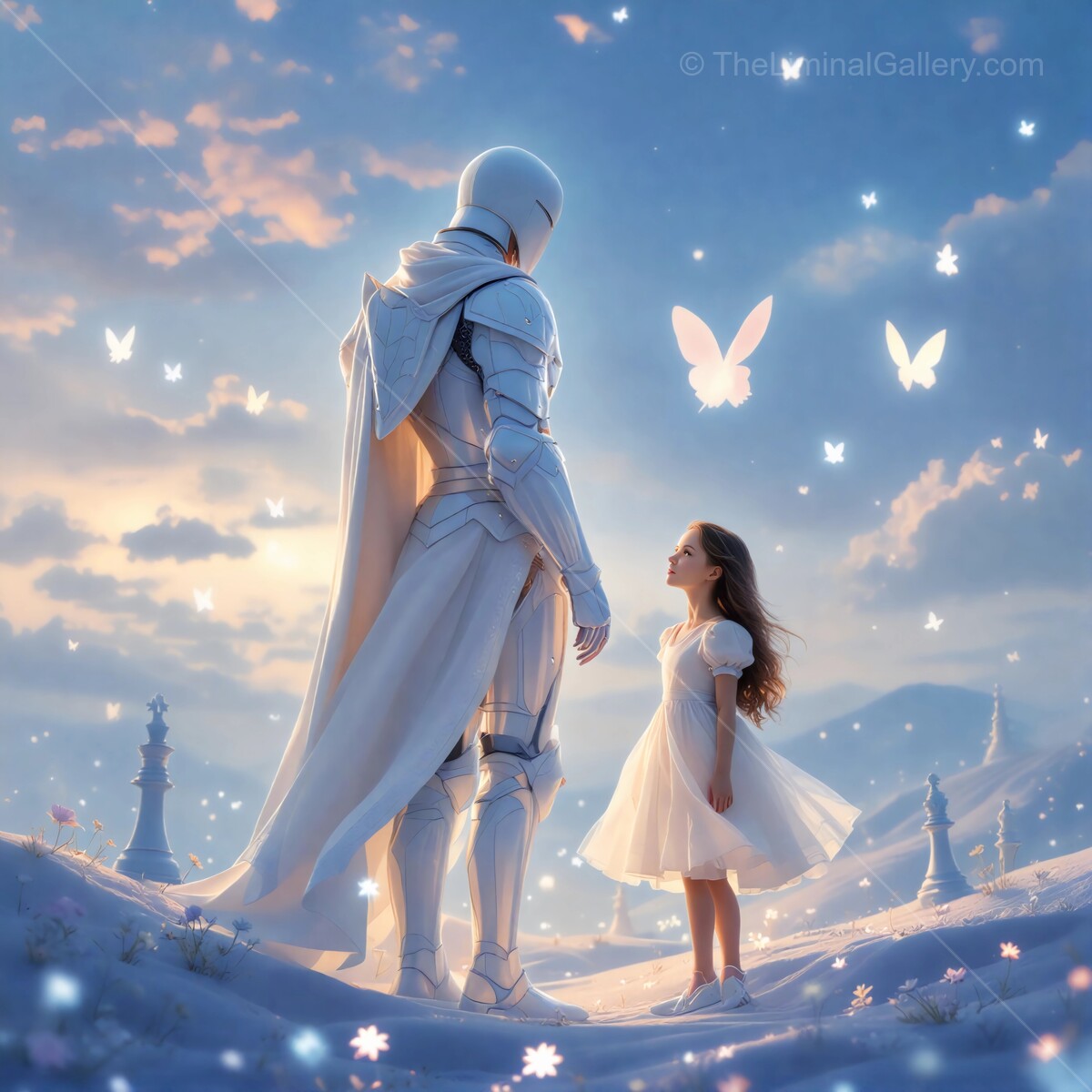 Through the Looking Glass: Enchanted confrontation between the white knight and young Alice in a serene valley at twilight