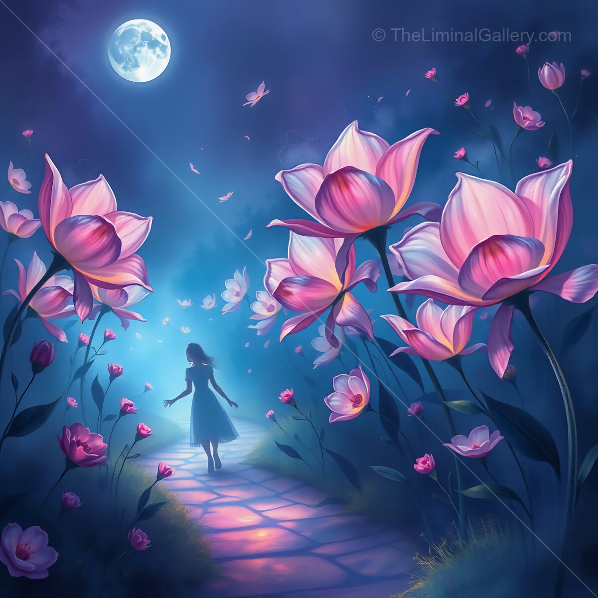 Through the Looking Glass: Enchanting evening walk among glowing talking flowers under a moonlit sky