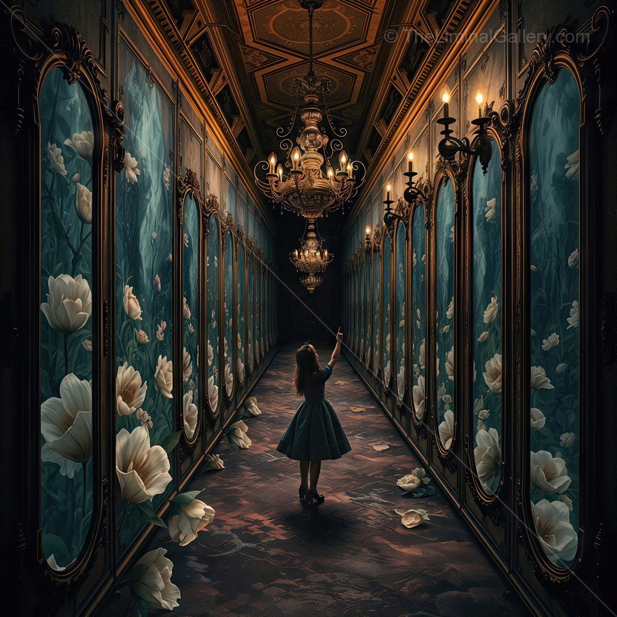 Through the Looking Glass: Alice explores a mysterious corridor filled with mirrors and floral art at twilight