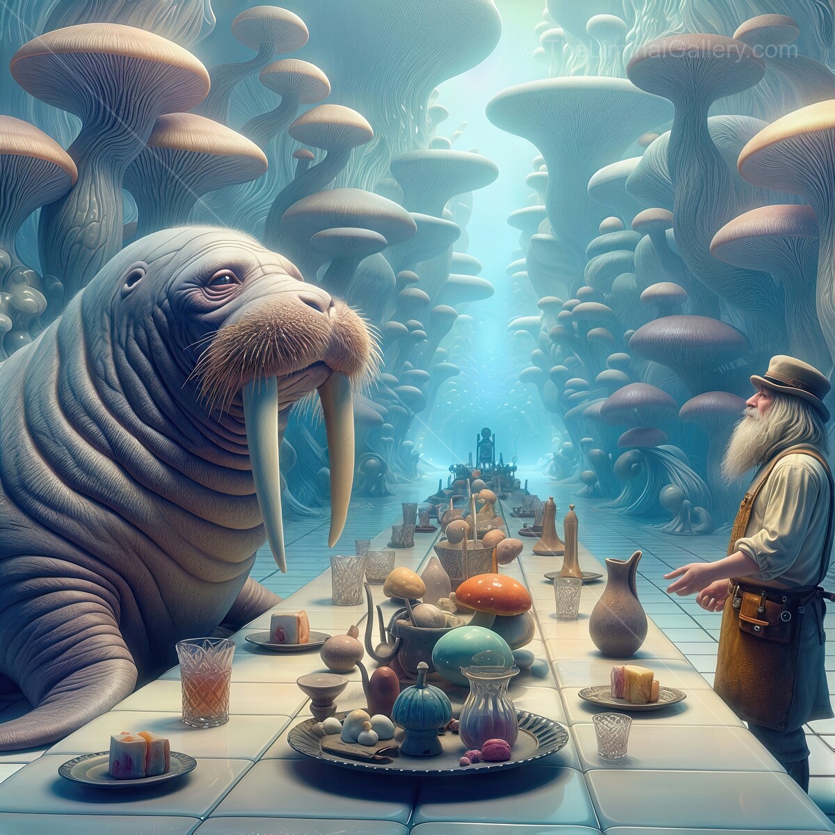 Through the Looking Glass: Mysterious underwater banquet with the Walrus and Carpenter in an enchanting mushroom forest