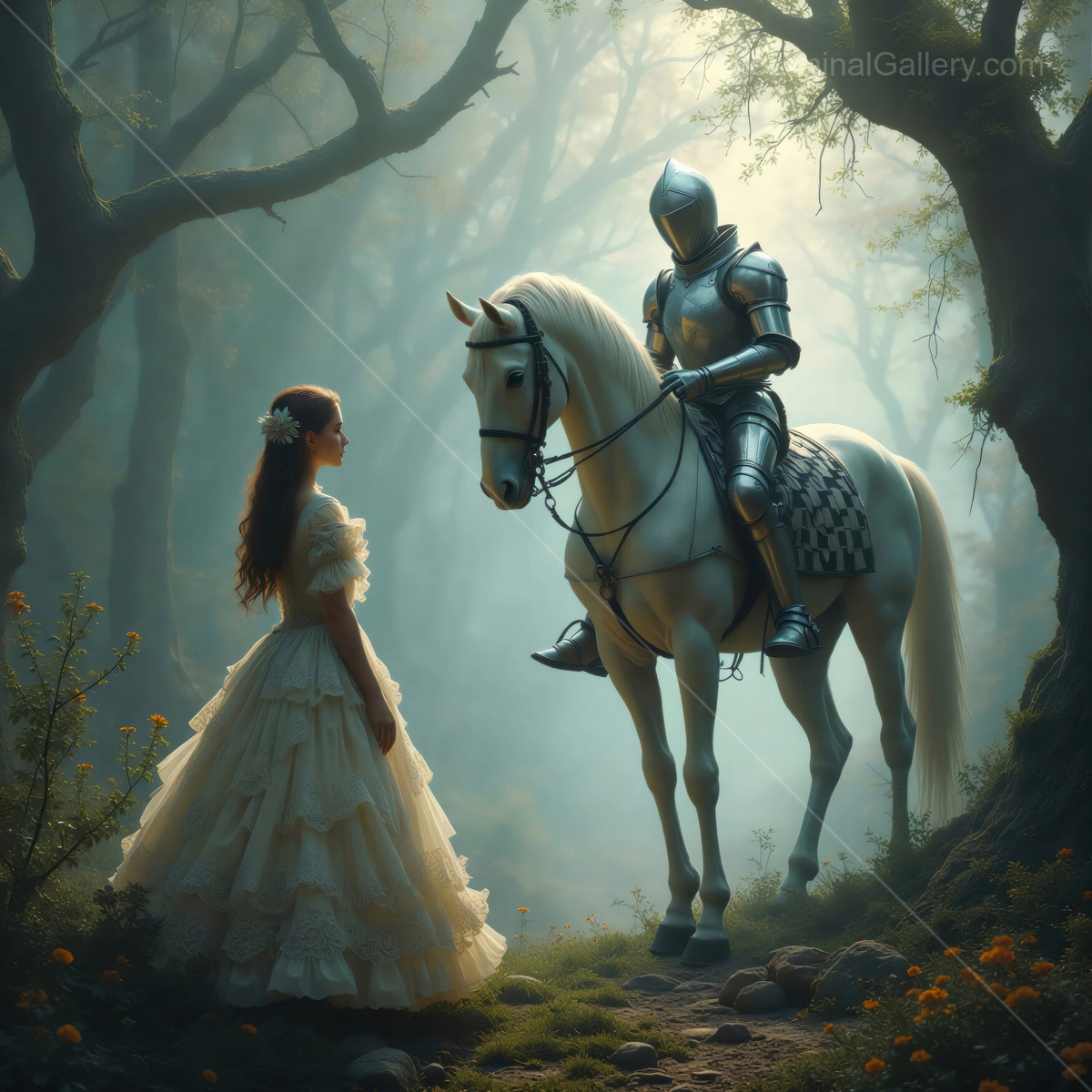 Journey into the enchanted forest where the brave White Knight meets a Alice in a white gown, surrounded by ethereal light and lush greenery