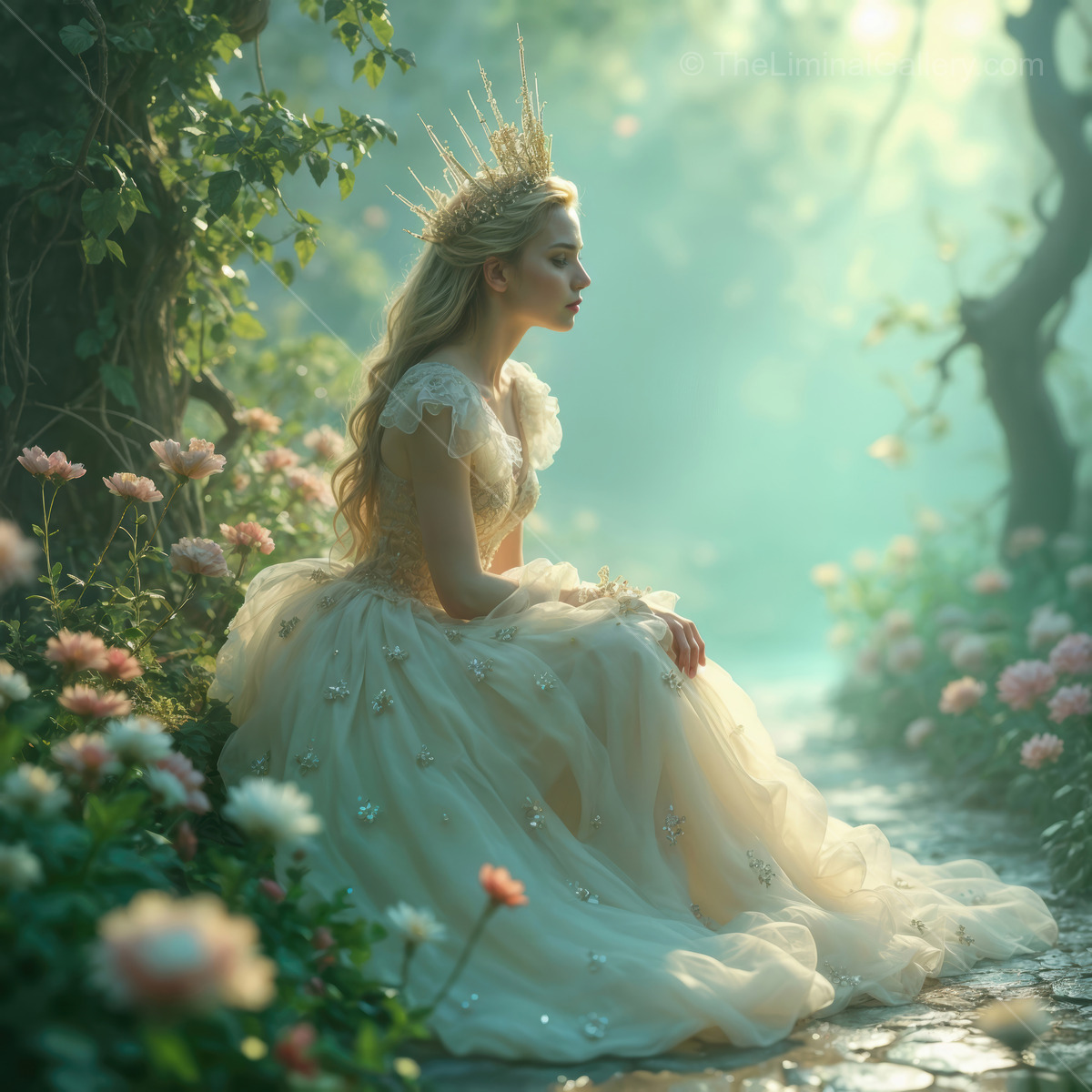 Journey through a magical garden with a whimsical White Queen in a shimmering gown, capturing the essence of wonder and enchantment