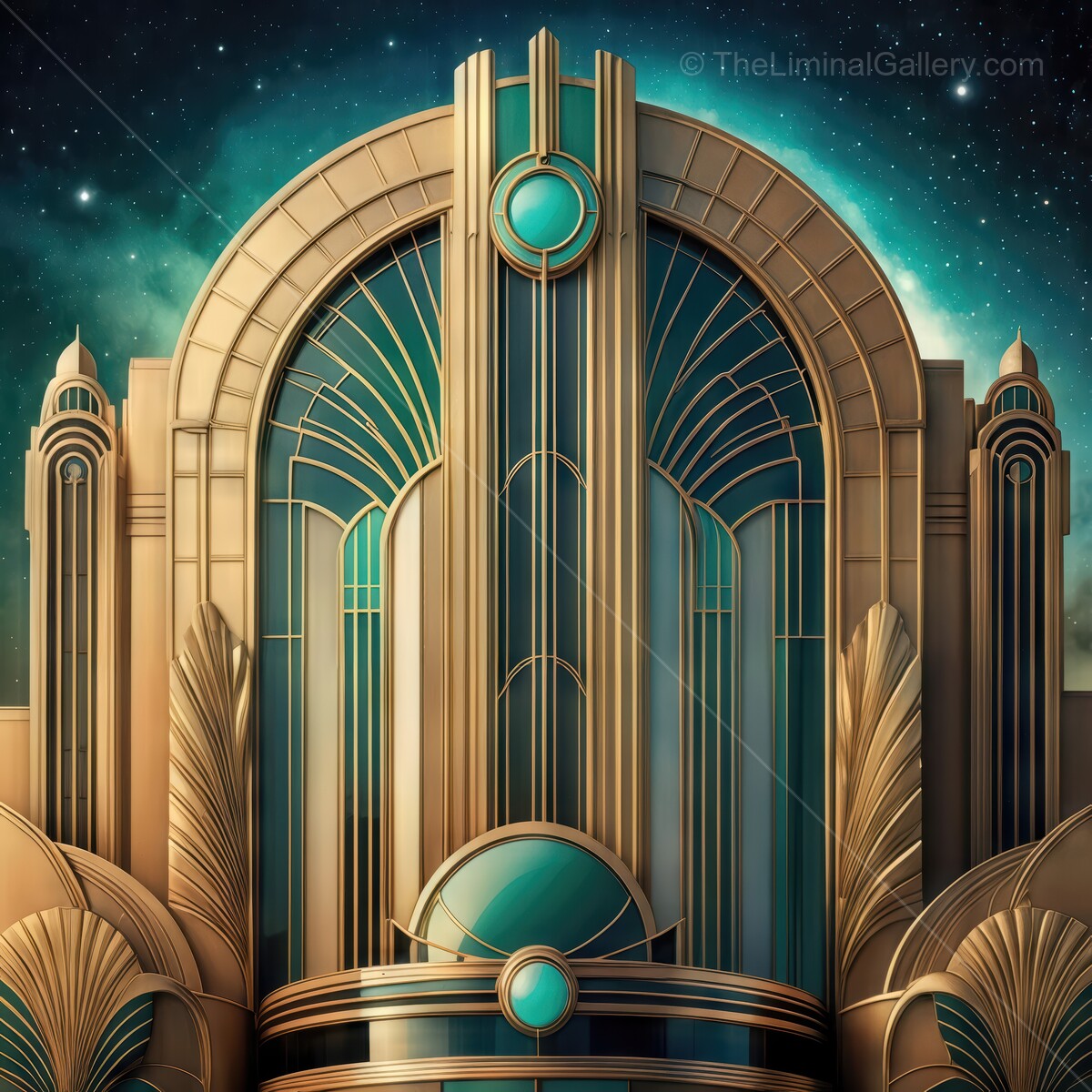 Exquisite architectural facade showcasing art deco elements under a starlit sky in a celestial night