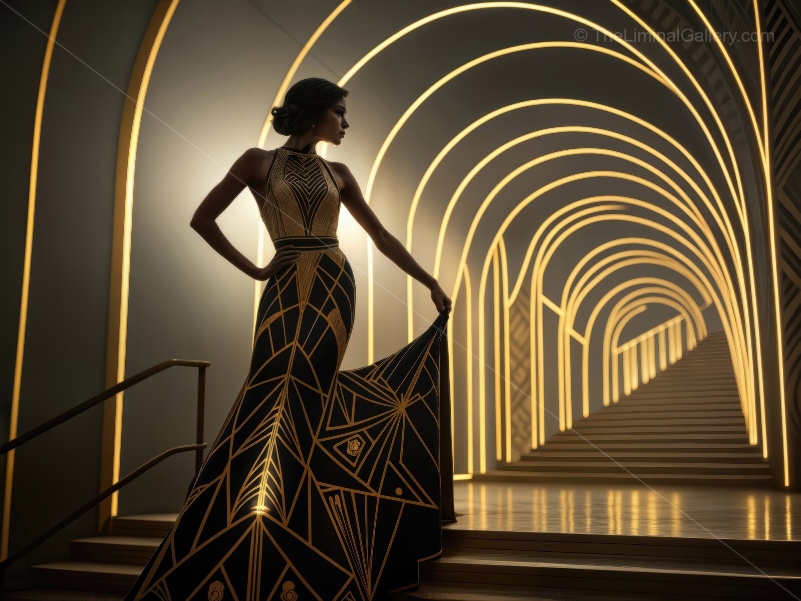 Elegant figure in Art Deco gown poses in illuminated archway leading to grand staircase