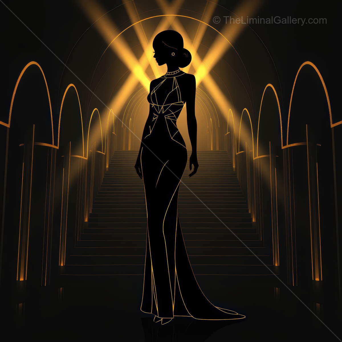 Elegant Art Deco silhouette against glowing arches in a dramatic setting