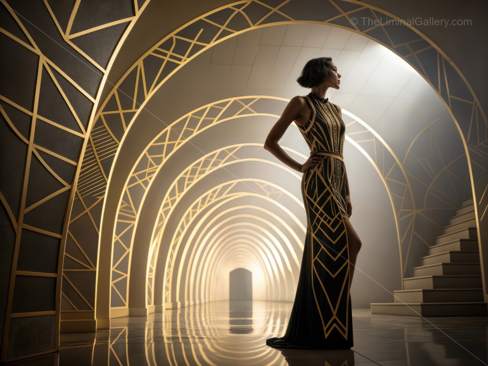 Elegant figure stands in Art Deco hallway adorned with golden accents, showcasing fashion and architectural beauty
