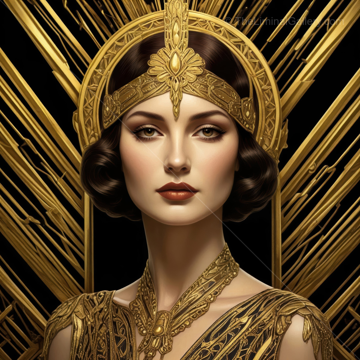 Elegant woman in Art Deco style exudes charm and sophistication with intricate golden details and striking features set against a dramatic backdrop