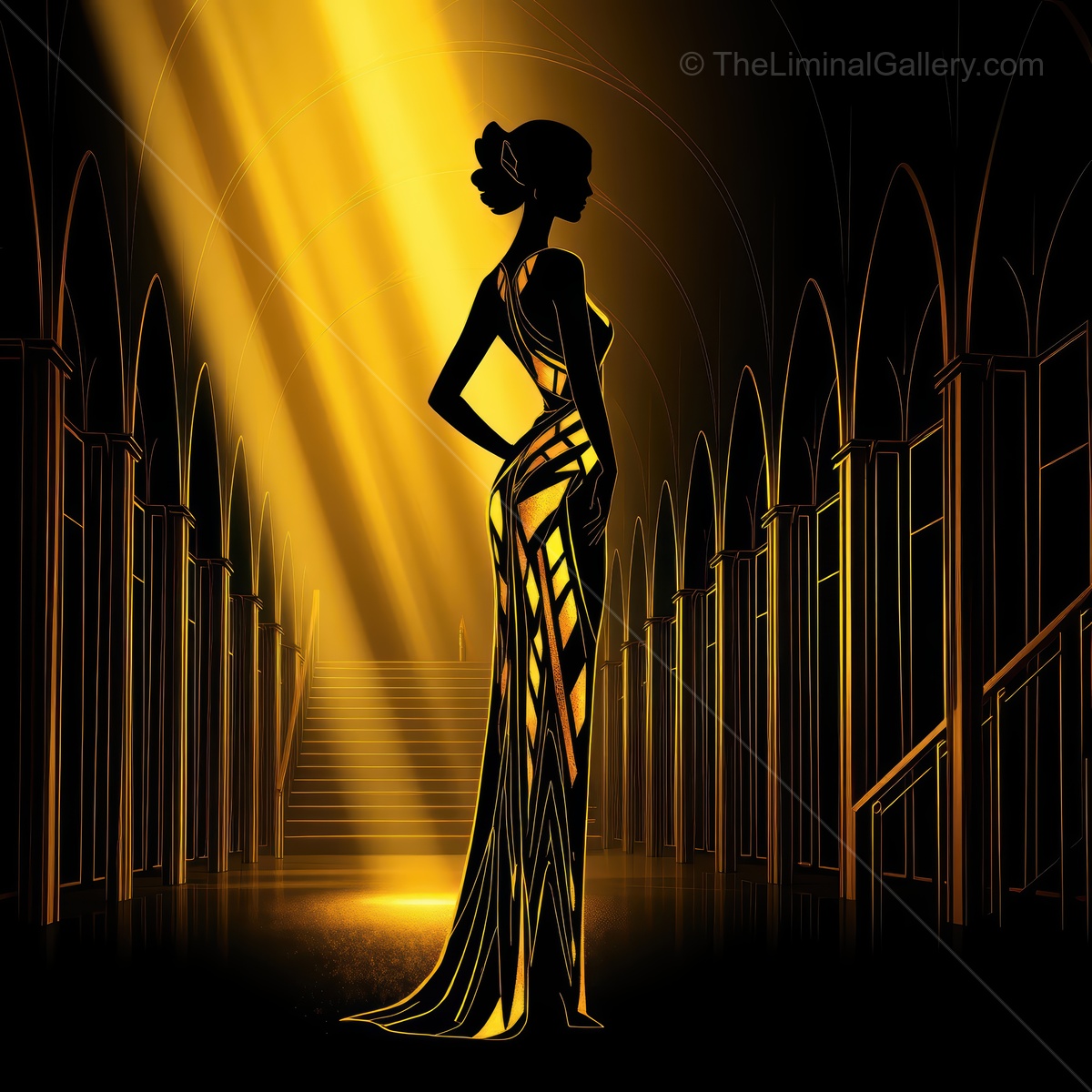 Elegance and glamour shine in an art deco scene featuring a fashionable figure in a stunning gown with golden accents