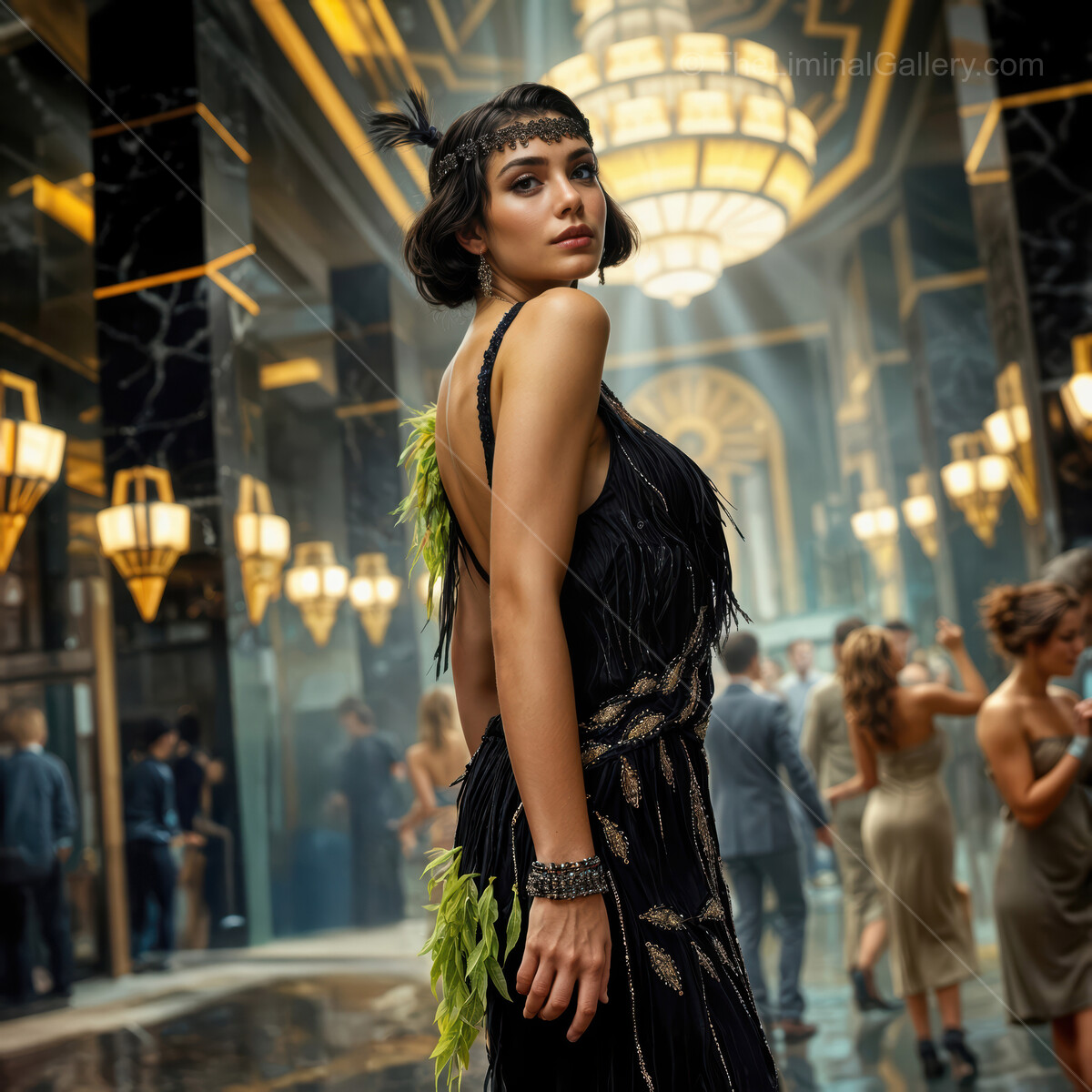 Glamorous party in an art deco grand ballroom with stylish dancers and opulent decor