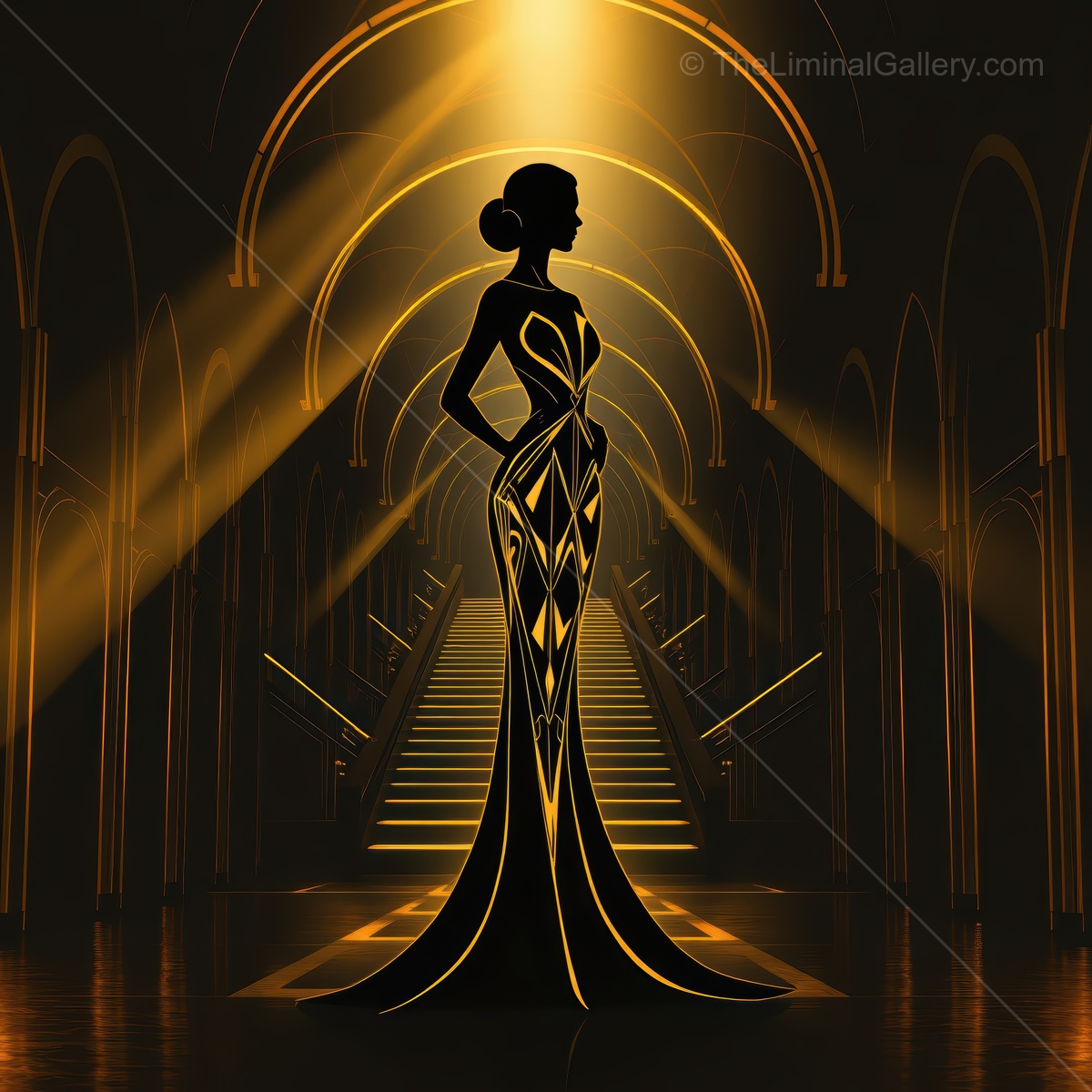 Elegant silhouette in Art Deco style captures the essence of glamour and sophistication in a grand staircase setting with dramatic lighting