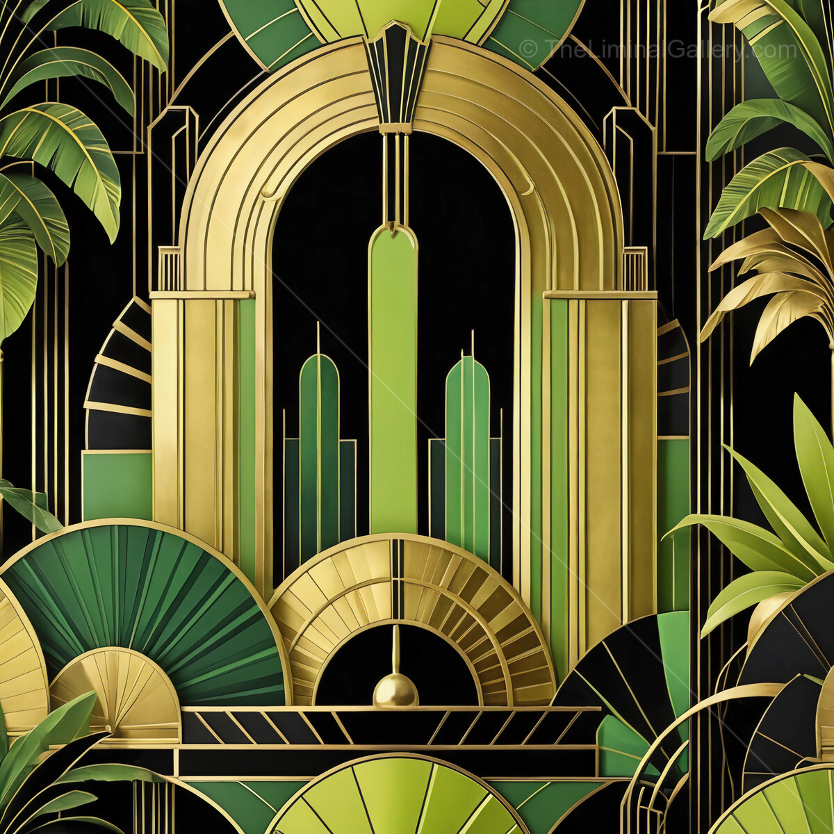Art deco inspired design featuring lush green foliage and golden architectural elements