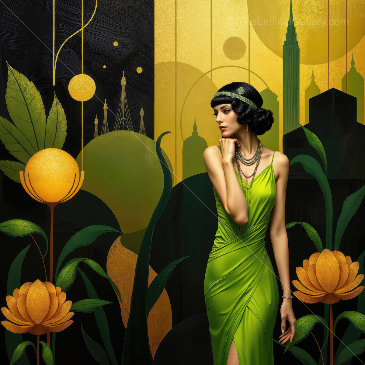 Elegant figure in Art Deco style setting showcases 1920s glamour with vibrant colors and intricate details
