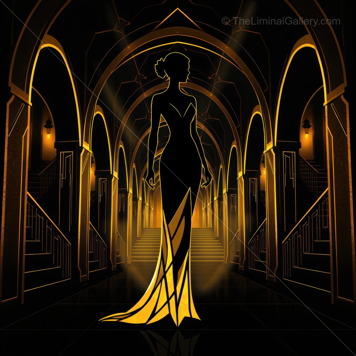 Elegant evening in an Art Deco hall showcases a stylish figure dressed in a stunning gown, surrounded by dramatic architecture and warm light
