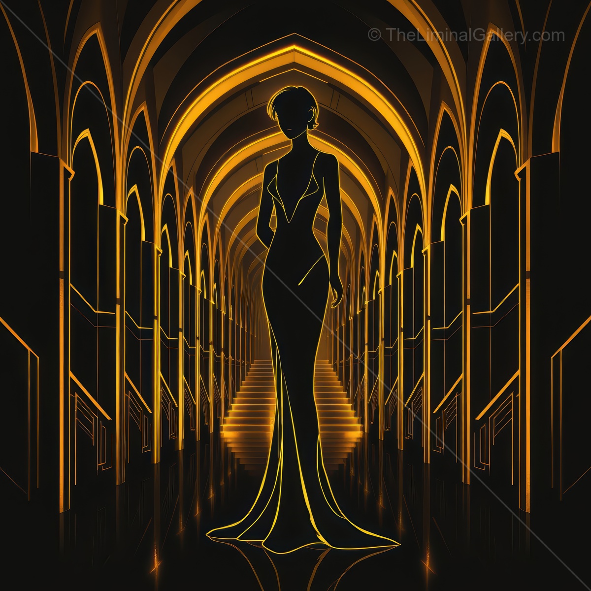 Elegant Art Deco silhouette in a luxurious hall illuminated by warm light, embodying sophistication and style in a timeless design