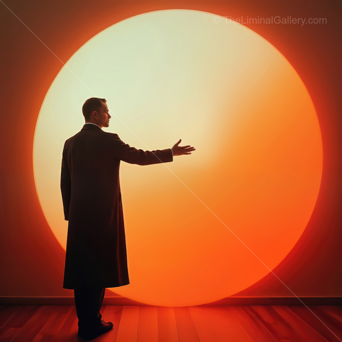 Man in a coat extending hand towards a giant sun, capturing a moment of connection and wonder in Art Deco style