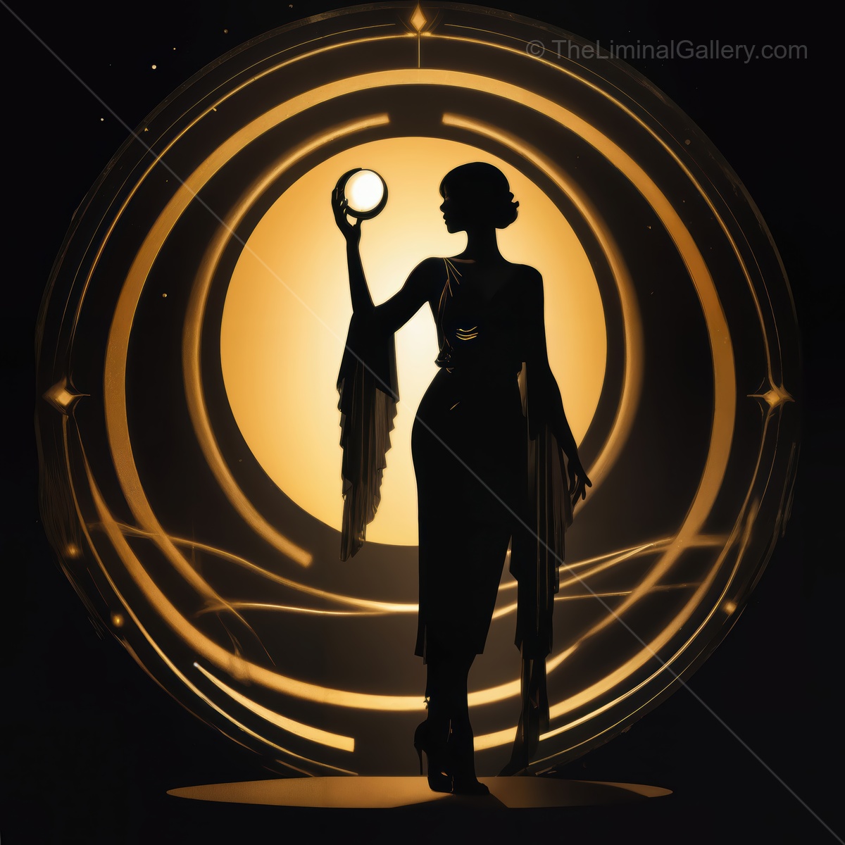Elegant silhouette of a woman holding a moonlight orb in Art Deco style at evening's end