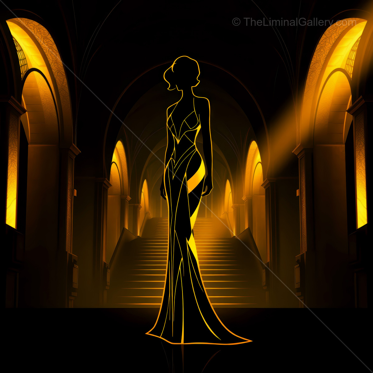 Elegant Art Deco silhouette radiates golden glamour in a luxurious hall of arches