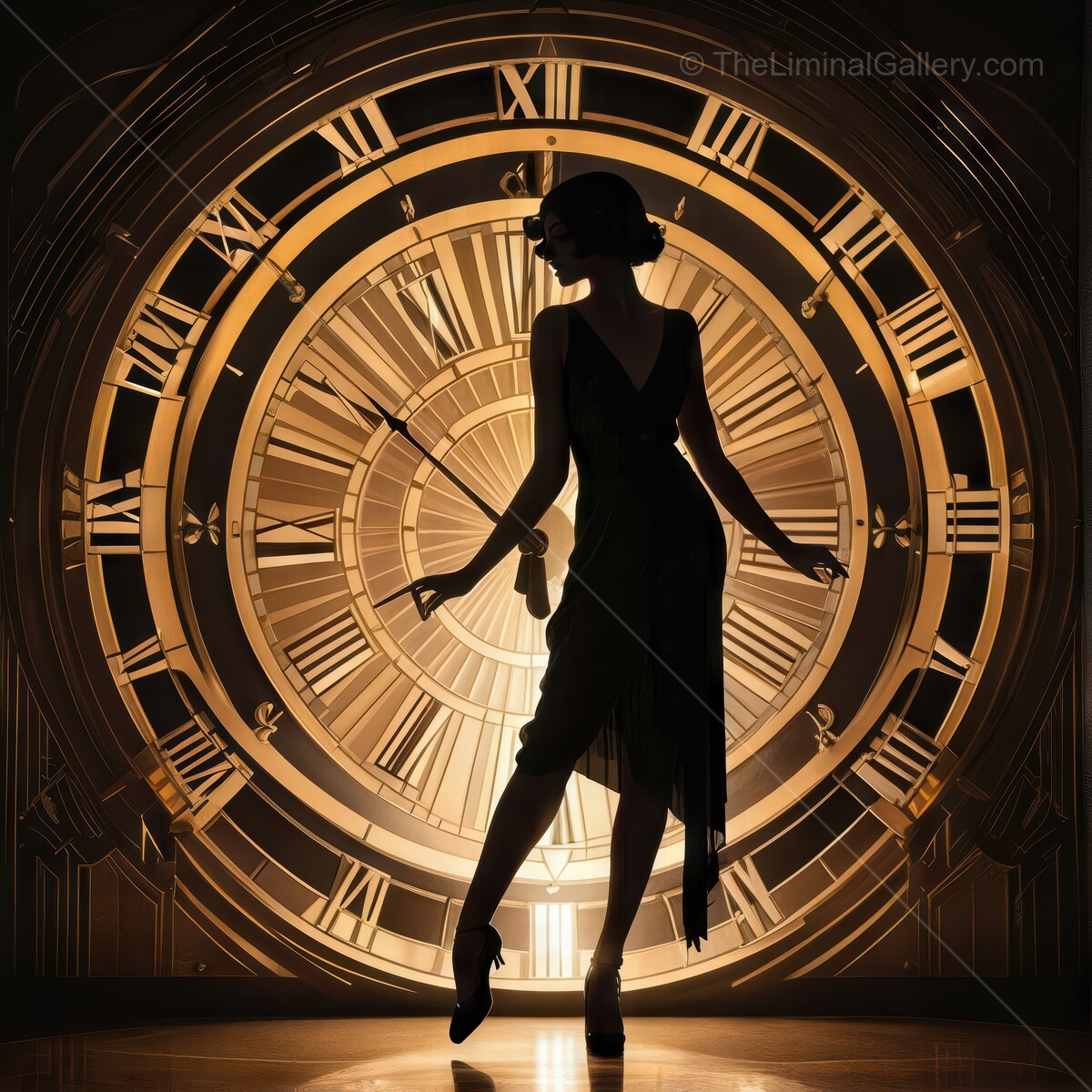 Glamorous art deco silhouette in front of a grand clock radiates mystery and allure in a vintage setting