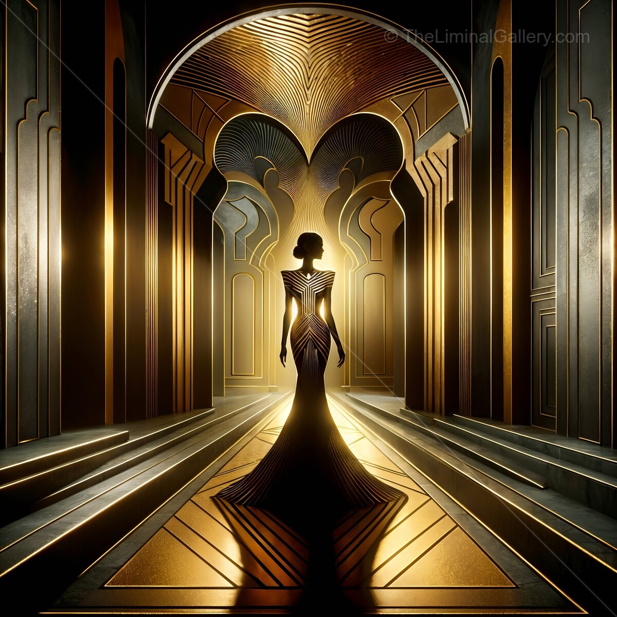 Elegant art deco silhouette stands in a grand, golden-lit architectural space radiating a mystical atmosphere