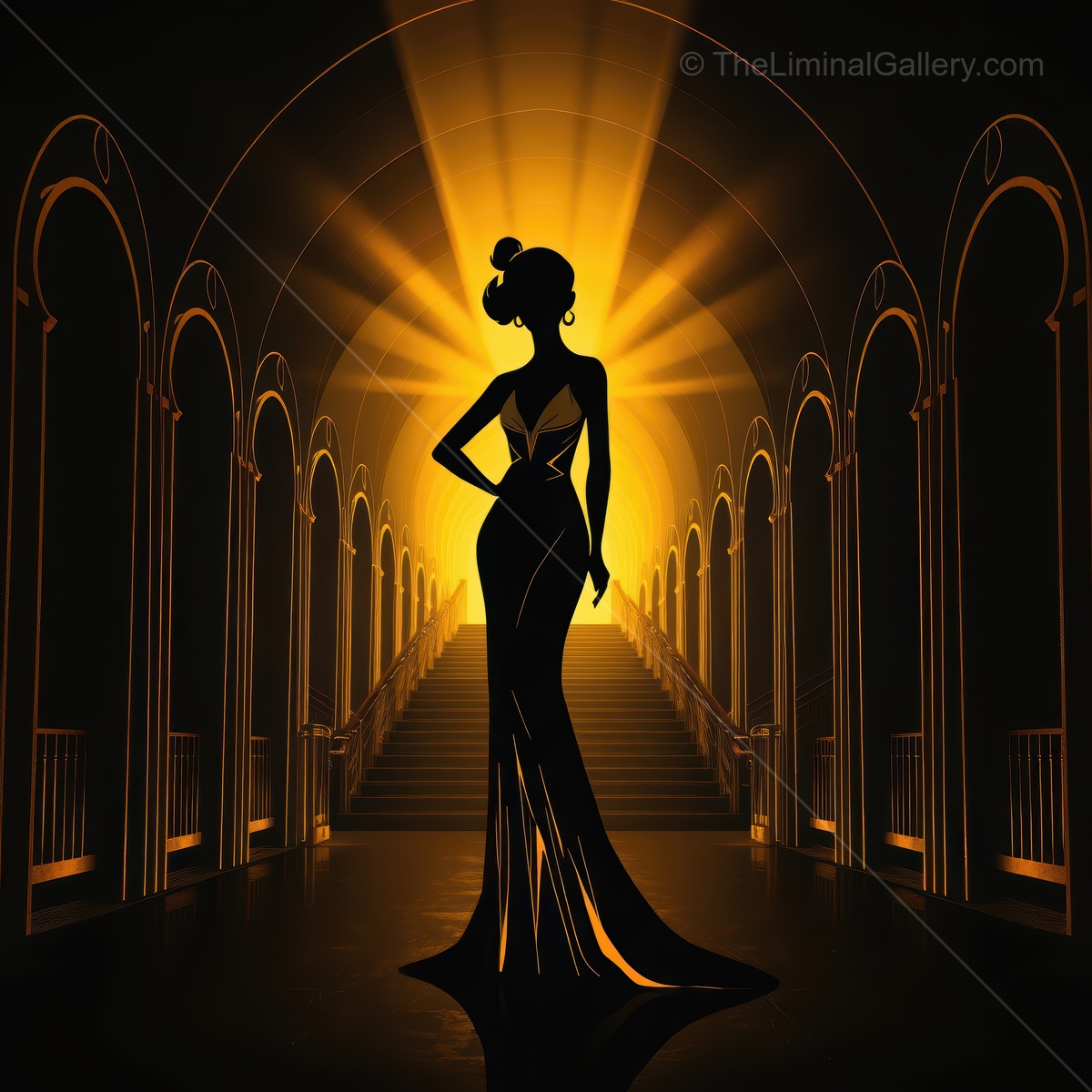 Glamorous Art Deco silhouette stands in a grand staircase, illuminated by golden light in an elegant atmosphere of the 1920s