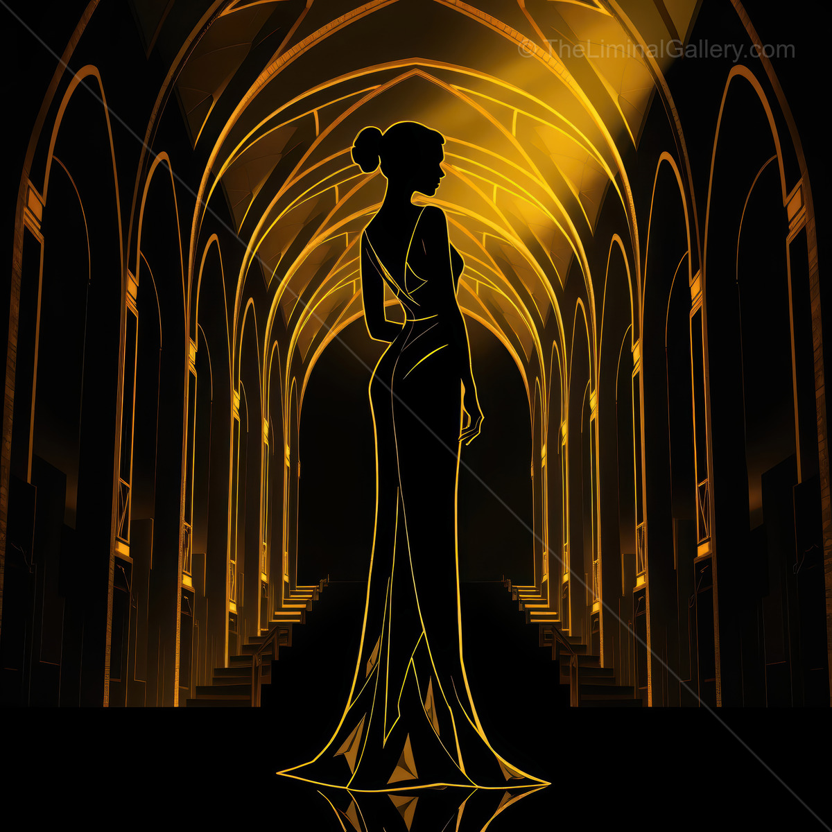 Elegance and glamour in an art deco setting with a stunning silhouette and golden ambiance