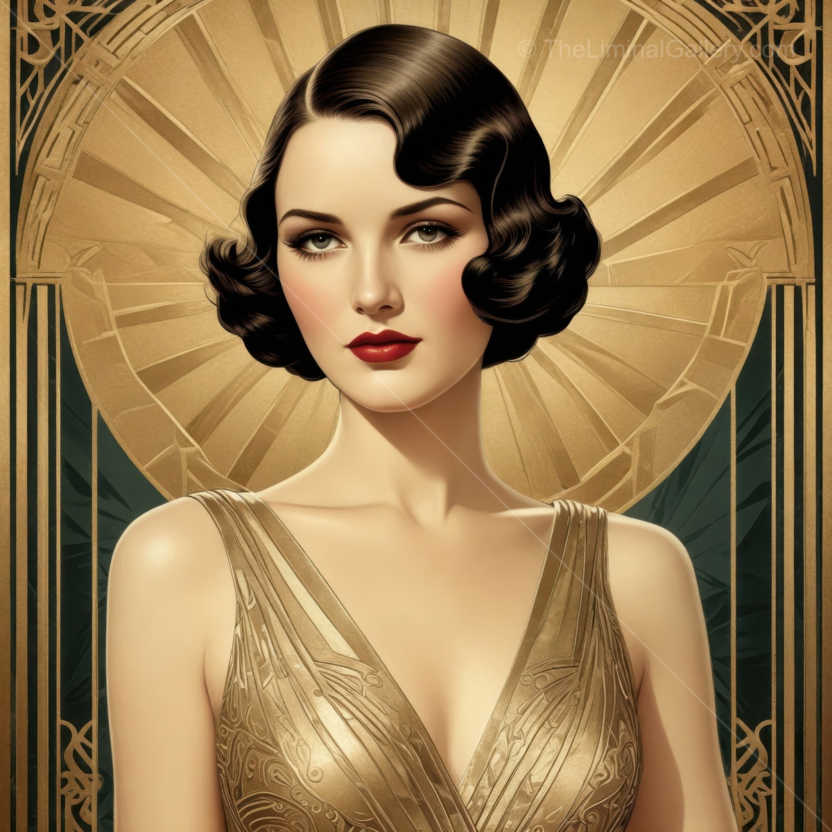 Elegant woman in a glamorous Art Deco setting radiates vintage charm and sophistication with a stunning golden gown and classic hairstyle