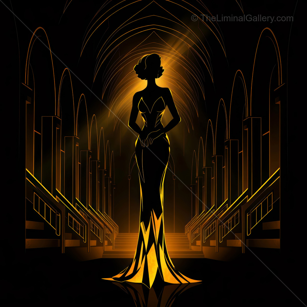 Elegant silhouette of a woman in an Art Deco setting, showcasing timeless beauty and style amidst a grand architectural backdrop
