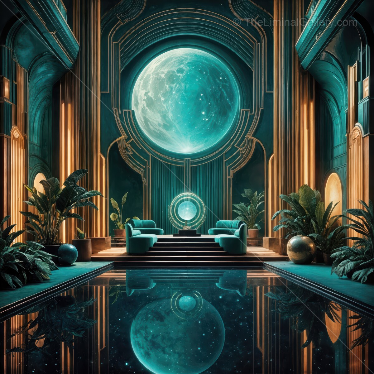 Mystical indoor oasis with a mesmerizing moon reflecting in tranquil waters