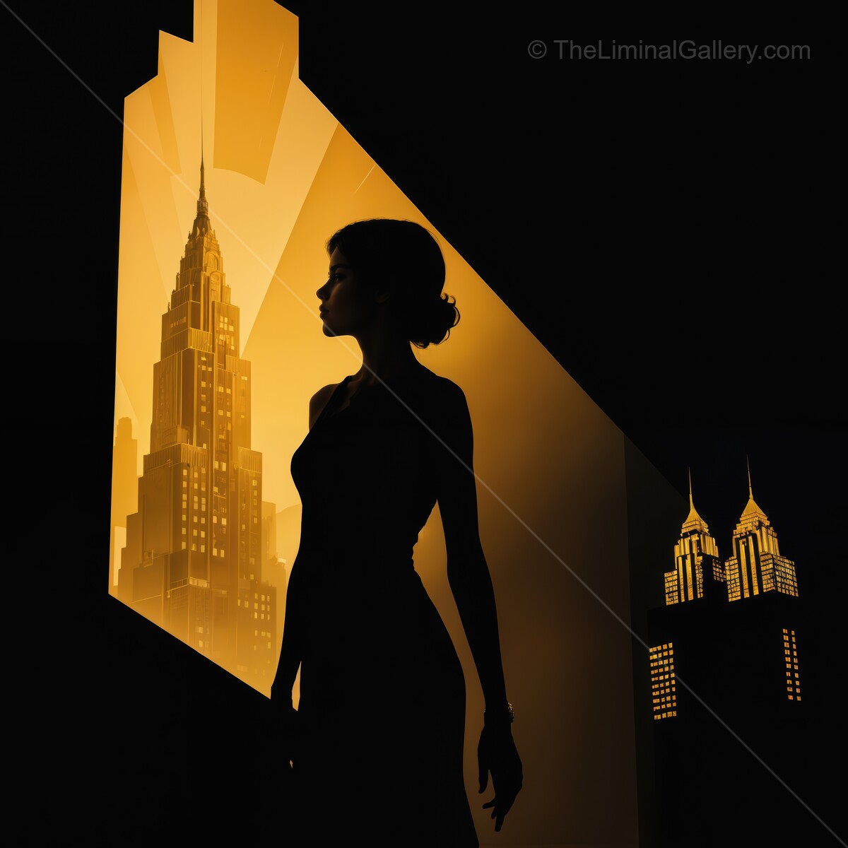 Liminal art deco silhouette of a woman admiring iconic skyscrapers in the heart of the city