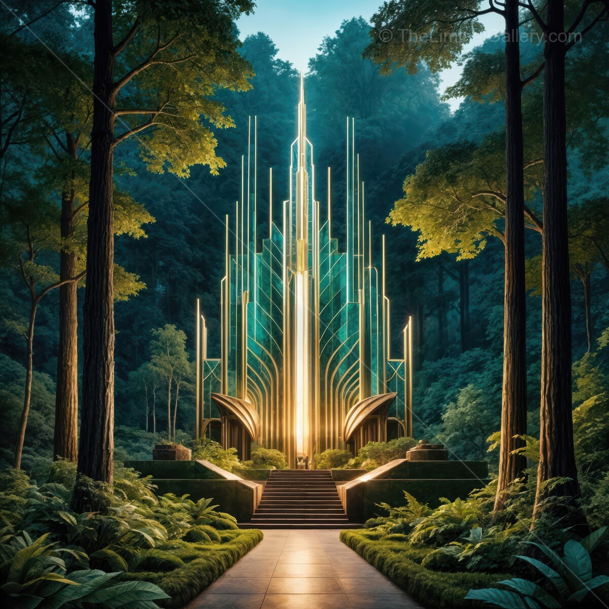 Mystical light emanates from a stunning crystalline art deco structure in a lush forest setting at twilight