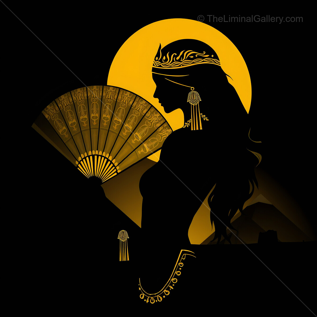 Elegant silhouette of a woman with a fan against a golden moonlit background