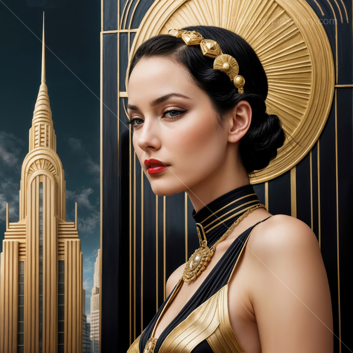 Elegance of the 1920s captured in a stunning portrait with an iconic skyline backdrop