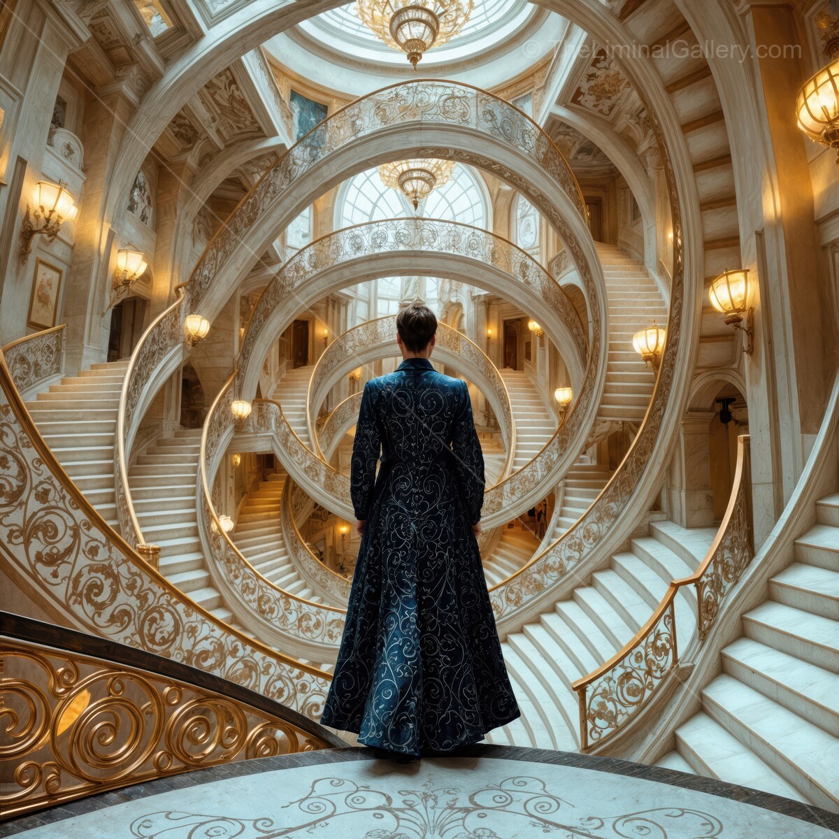 Elegance unfolds in a grand liminal staircase of swirling beauty and intricate design at twilight