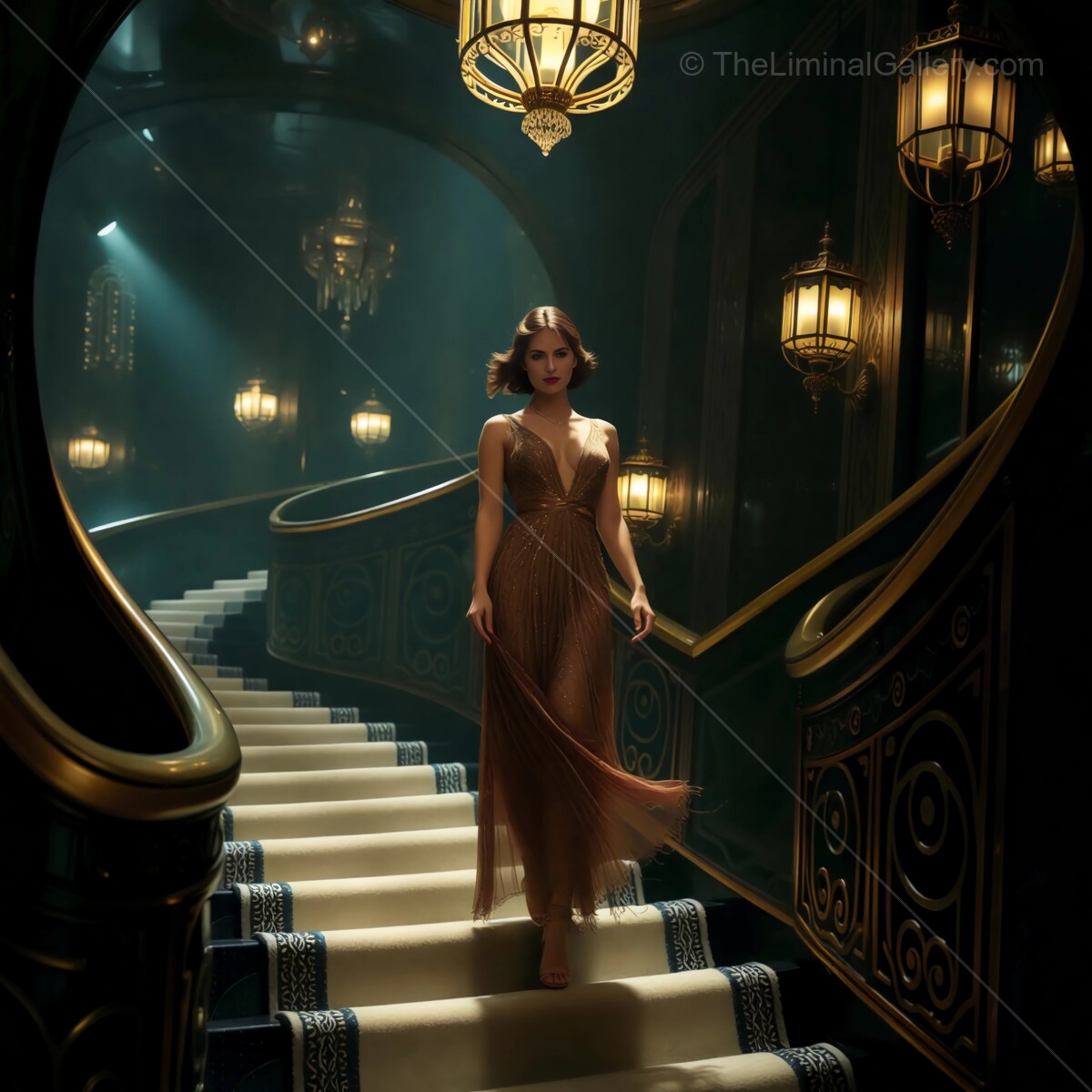 Elegance shines in luxurious liminal staircase setting with ambient lights and stunning fashion