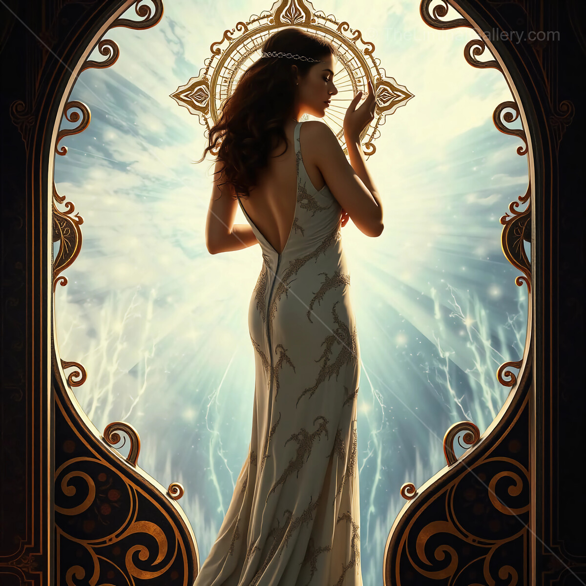 Elegance and mystery intertwine as a silhouette gazes into the radiant unknown