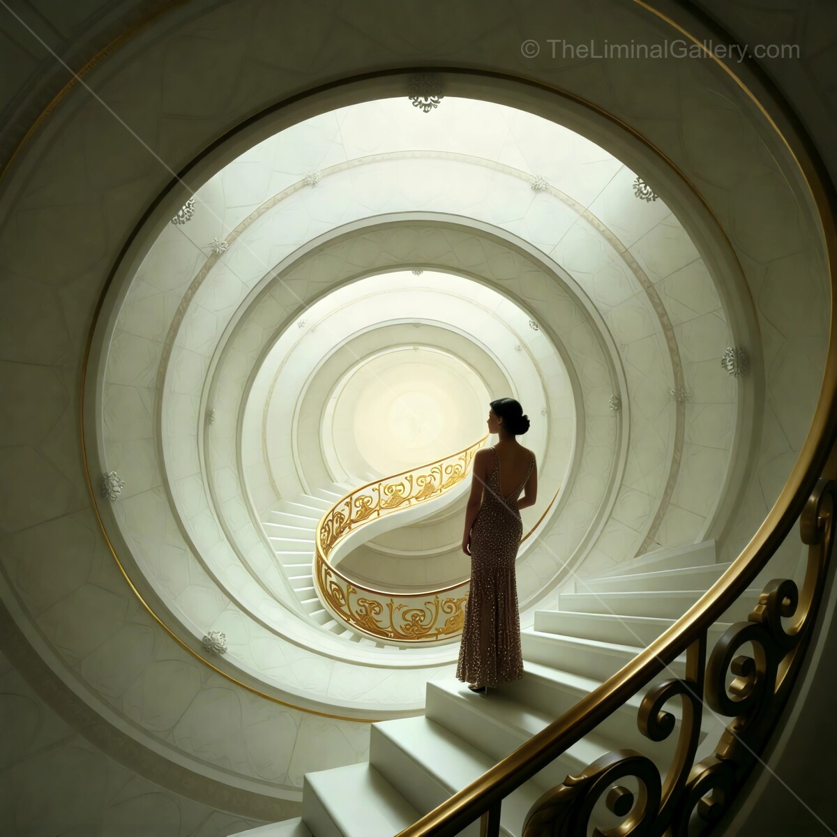 Elegance at the liminal spiral staircase in a luxurious setting with intricate architectural details