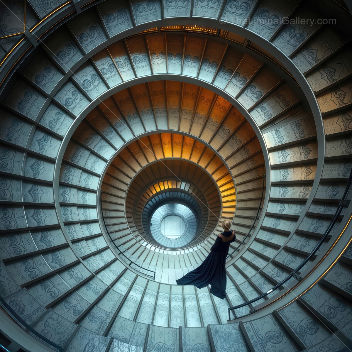 Elegance in motion at the spiral staircase in a modern architectural marvel during the golden hour