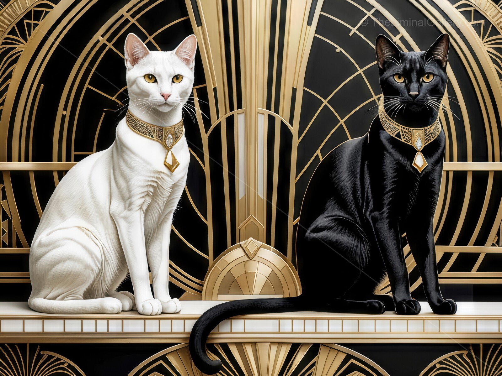 Elegant felines pose majestically against a backdrop reminiscent of classic architecture