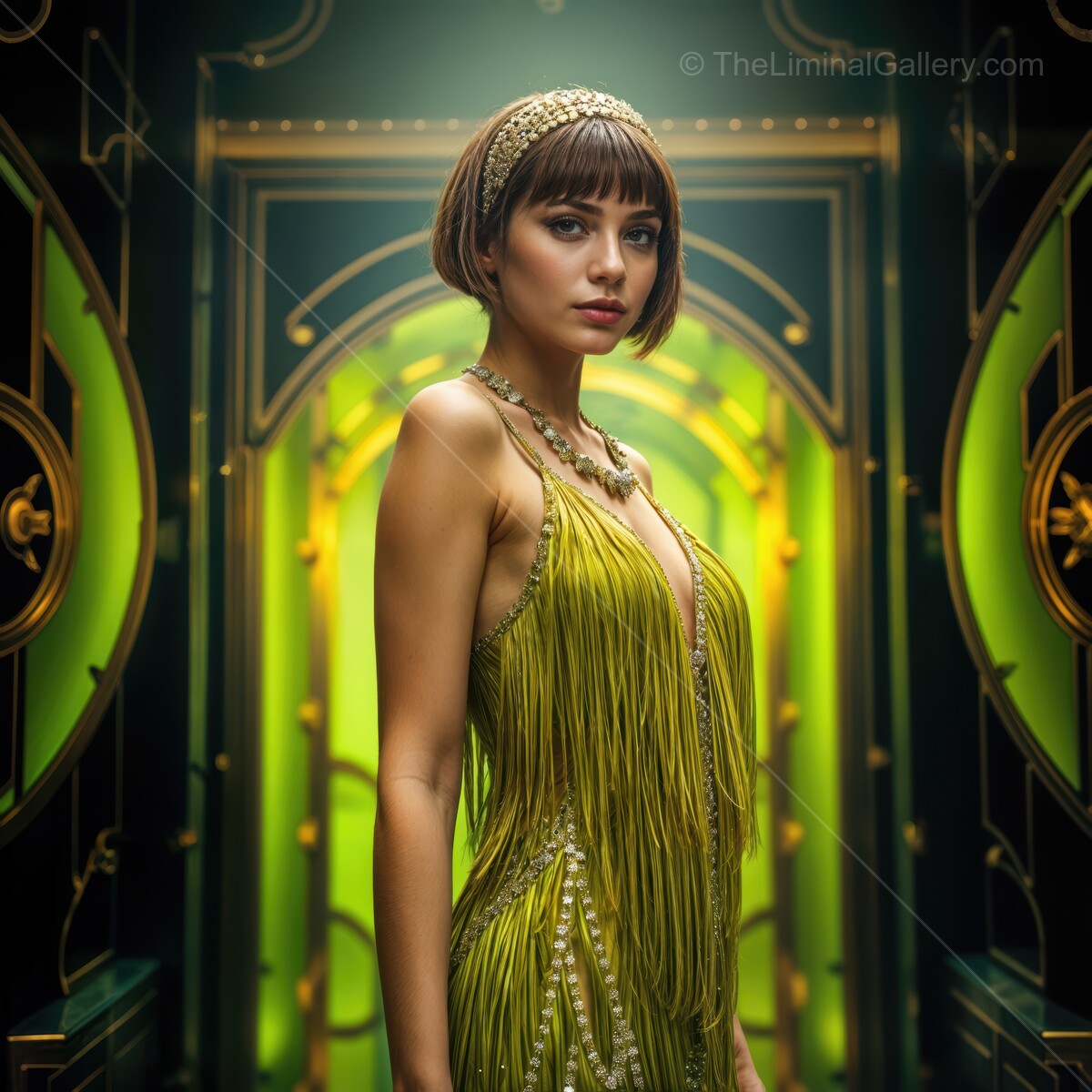 Elegant deco dancer in a vintage green setting showcases stunning attire and poised expression at a glamorous event