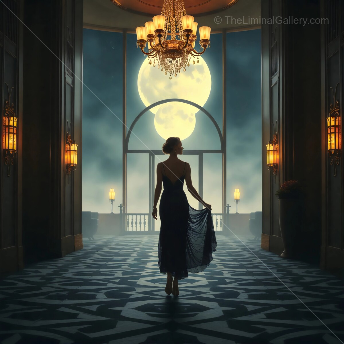Elegant deco figure gliding towards a moonlit ballroom in a luxurious setting at dusk