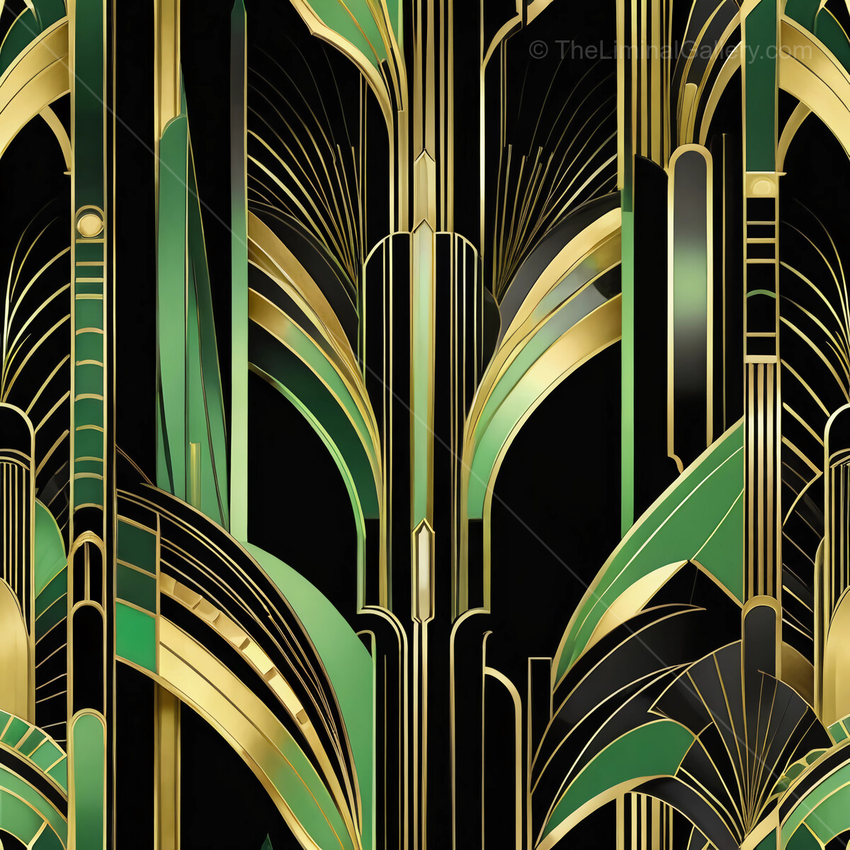Elegant art deco pattern showcasing bold green and gold designs on a black backdrop with a luxurious feel