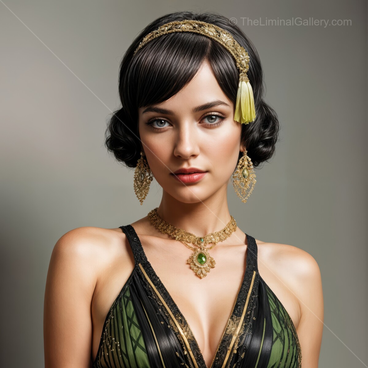 Elegant deco vintage fashion model showcasing intricate jewelry and 1920s glamour in a classic studio setting