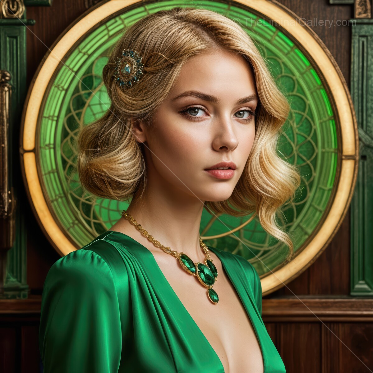 Elegant deco woman in a striking green outfit surrounded by vintage decor at an upscale setting