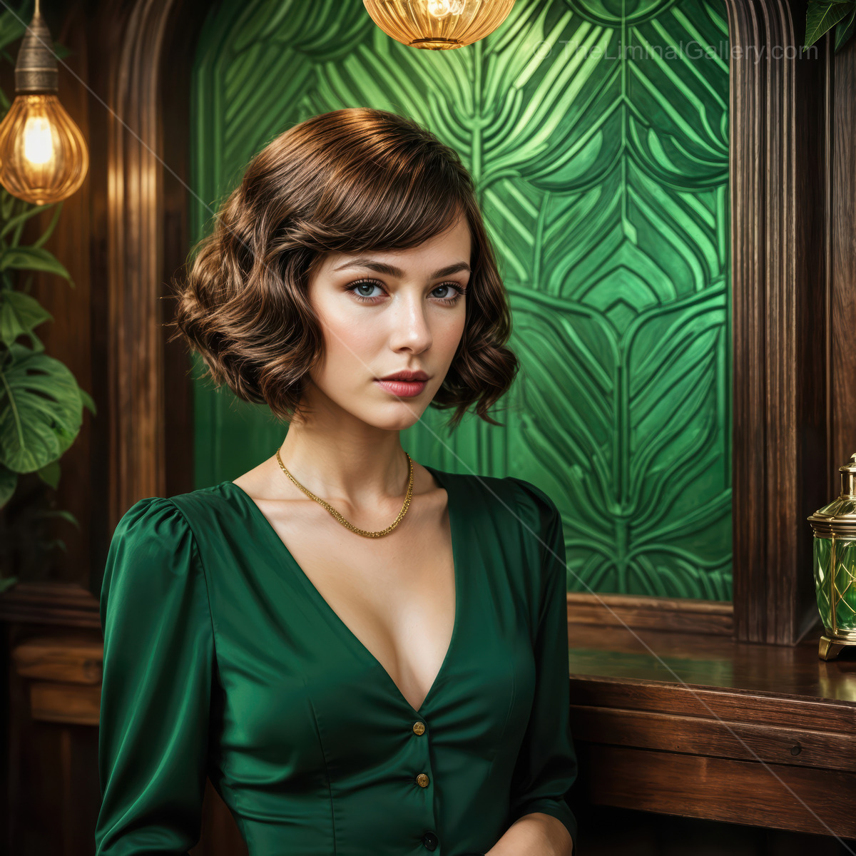 Elegant deco woman in vintage green attire poses confidently in a stylish bar setting during a sophisticated evening