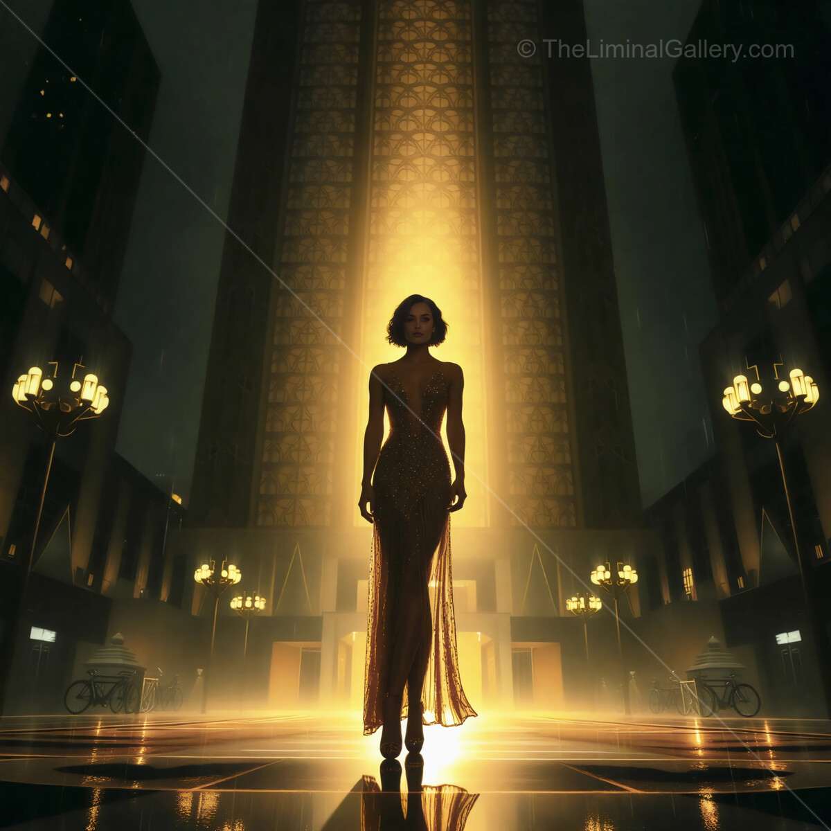Elegant figure stands poised in golden glow within a towering art deco building in an enchanting urban nightscape