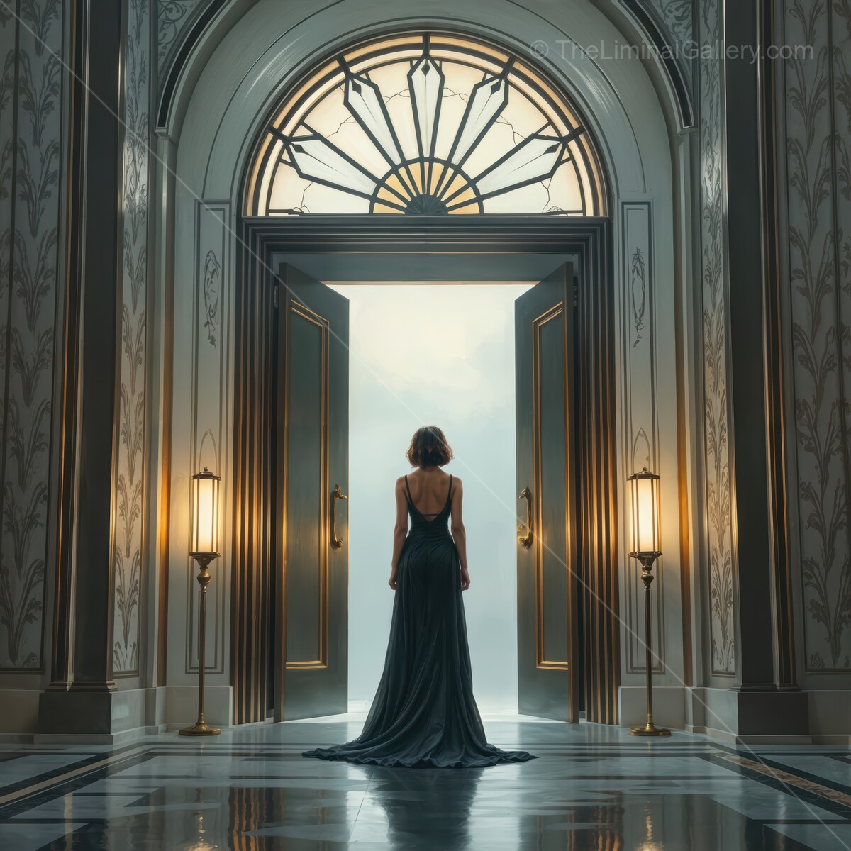 Elegant figure in a flowing gown stands poised before grand art deco doors leading to a mysterious light