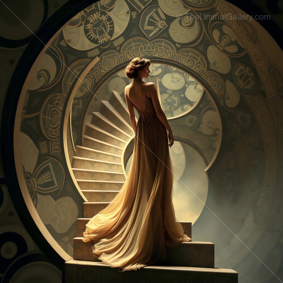 Elegant figure ascends a liminal grand spiraling staircase, dressed in exquisite golden gown, illuminated by soft glow