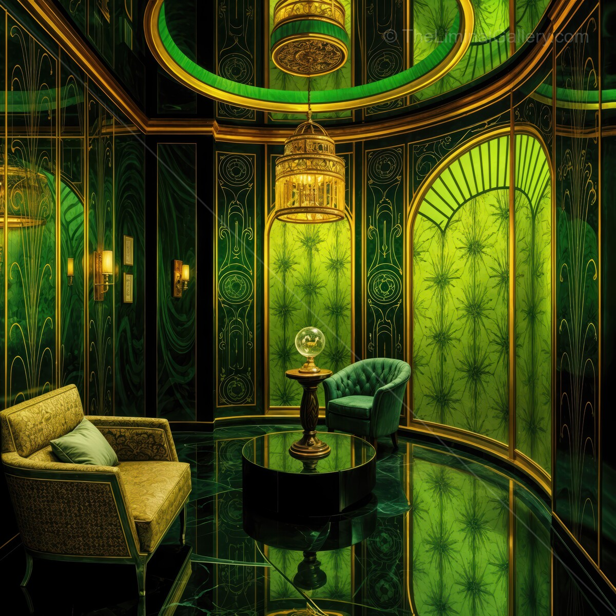 Elegant green interior featuring art deco design and lush decor in a lavish space with golden accents