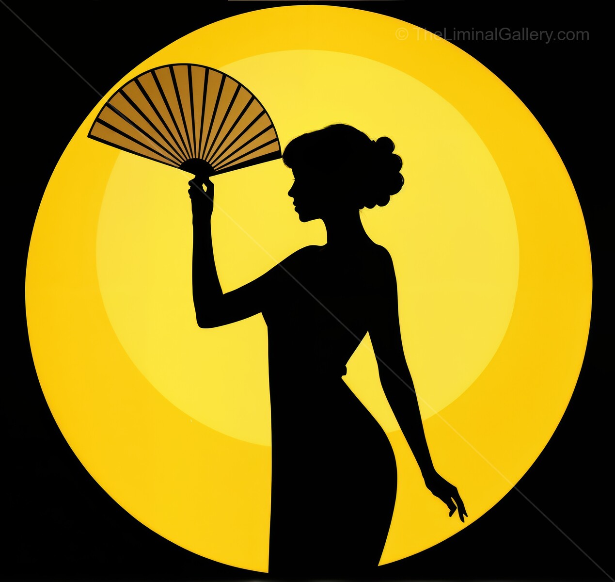 Elegant silhouette of a woman with a fan against a glowing moon
