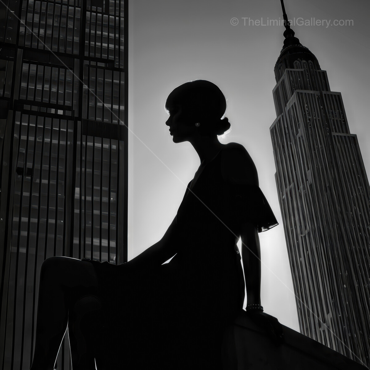 Elegant deco silhouette of a woman against the iconic skyline of New York City at sunset